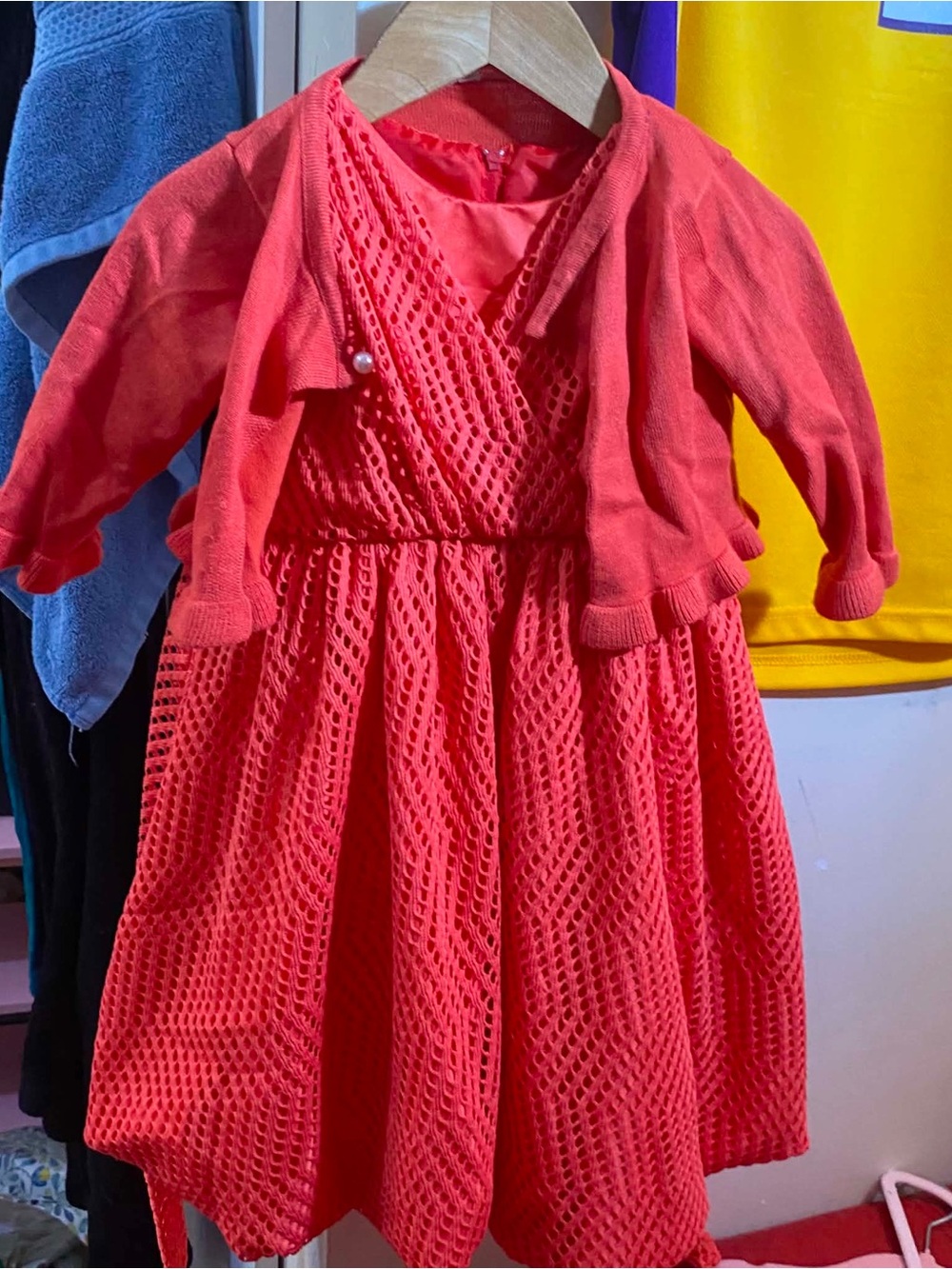 Girls Red Crochet Fit-and-Flare Dress with Cardigan